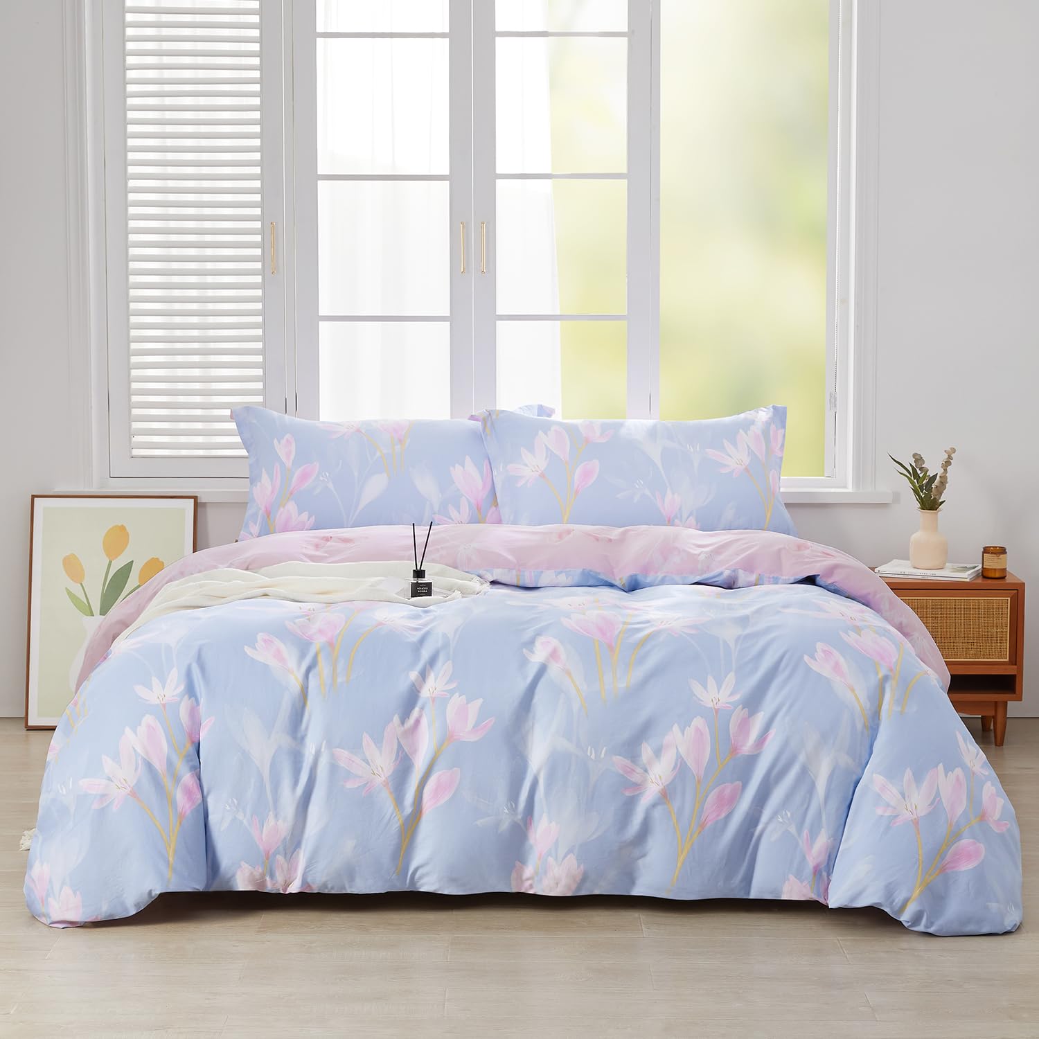 Saphreas Orchid Flower Pattern King Size Duvet Cover Set 3Pcs Pink Blue Floral Bedding Comforter Cover Set 100% Cotton 1 Quilt C